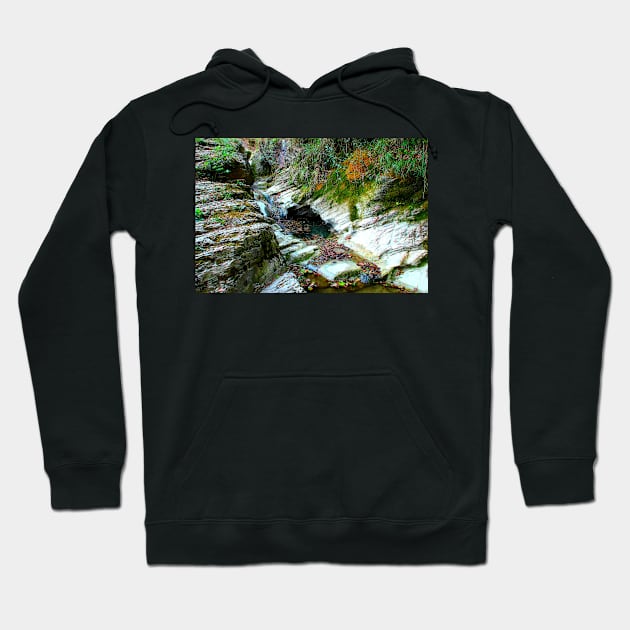 View in Sarnano at Pozze dell'Acquasanta with rocks, rivulets, water, greenery Hoodie by KristinaDrozd